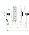 Technical drawing of Electric Bike Hub Motor 36V 250W And 48V 350W Brushless Rear Wheel Drive, 9 Pin Connector, 135mm Split Gear.