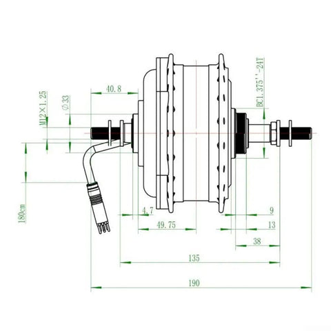 Technical drawing of Electric Bike Hub Motor 36V 250W And 48V 350W Brushless Rear Wheel Drive, 9 Pin Connector, 135mm Split Gear.