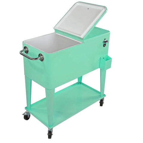 80 Qt Retro Rolling Cooler Ice Chest Cart With Shelf And Bottle Opener Seafoam Perfect For Backyard Bbqs And Bar Nights Keeps Drinks Cold