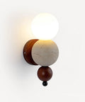 Modern Travertine Wall Sconce with Glass Globe, Wood Accent Wall Light Fixture, Hardwired G9 Base Wall Lamp, geometric design.