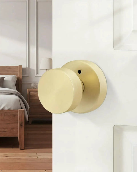 Brushed Gold Privacy Door Knobs Set, Heavy Duty Zinc Alloy Interior Door Knobs For Bedroom And Bathroom, installed view on white door