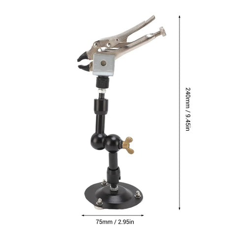 Adjustable Third Hand Welding Clamp With 360 Degree Rotation Magnetic Base And Heavy Duty Alloy Arms For Soldering shown from the side with flexible joints and sturdy base.