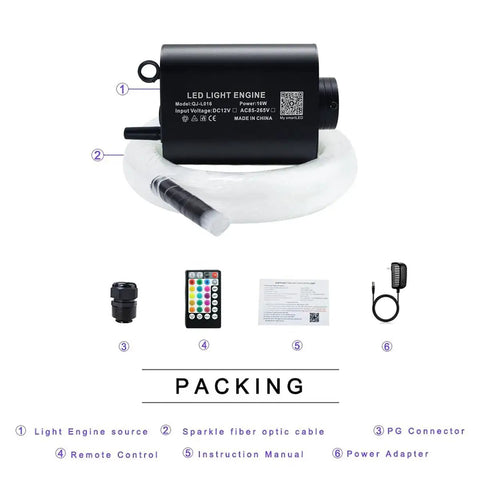 16W RGBW Fiber Optic Curtain Light Kit packing with engine, fiber cable, remote, manual, adapter for home decor sensory rooms