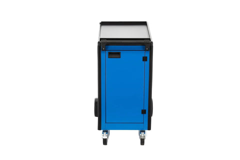Heavy Duty Tool Trolley With Nine Deep Drawers Rolling Workshop Workhorse Mobile Tool Box in blue side view on wheels.