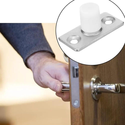 Heavy Duty Nylon Barn Door Rollers Rock Solid Floor Mounted Guide Bracket shown in hand with metallic plate for easy installation.