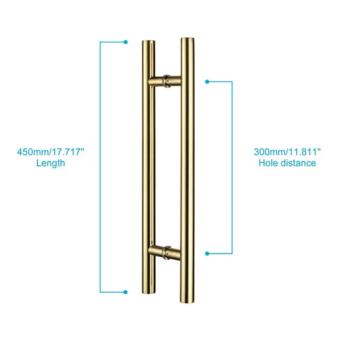 Grab These Super Tough Eighteen Inch Heavy Duty Push Pull Door Handles Made From Commercial Grade Stainless Steel Featuring Solid Standoffs And A Killer PVD Polished Gold Finish Ideal For Barn Doors Glass Doors And More With Chamfered Edges. 450mm gold stainless steel door pull pair, 300mm hole spacing