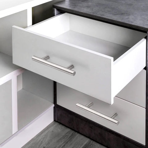 Open drawer with 30 Pack 3 Inch Hole Centers Kitchen Cabinet Handles Euro T Bar Pulls in Brushed Nickel Stainless Steel installed
