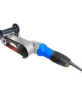 Handheld Pipe Belt Sander And Tube Polisher For Circular Grinding And Rust Removal On Round Metal Pipes with ergonomic blue handle.