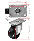 All Steel Swivel Plate Caster Wheels Set Heavy Duty High Gauge Iron Casters 1200 Lb Total Capacity Four Pack With 3 Inch Wheel Diameter No Brake Mounting Plate 2.5 Inch By 3.5 Inch 1.7 Inch Center To Center Bolt Pattern, showing dimensions and design.
