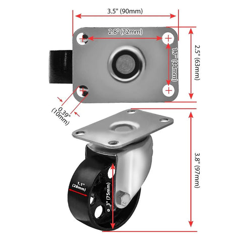 All Steel Swivel Plate Caster Wheels Set Heavy Duty High Gauge Iron Casters 1200 Lb Total Capacity Four Pack With 3 Inch Wheel Diameter No Brake Mounting Plate 2.5 Inch By 3.5 Inch 1.7 Inch Center To Center Bolt Pattern, showing dimensions and design.