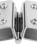 Heavy Duty Stainless Steel Glass Door Hinges Built Tough For Hassle Free Zero Impact Drilling Rock Solid Double Opening Clamp Clip For Cabinets And Cupboards Rust Proof Nickel Copper Finish Two Pack close-up showing screws and hinge detail.