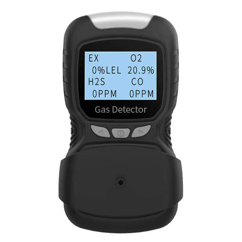 Portable Four Gas Detector With Pro Grade Rechargeable LCD Display And Audible Alarm For Oxygen Carbon Monoxide Hydrogen Sulfide And Explosive Gases Lightweight Air Quality Tester With Easy Calibration And Two Year Warranty, front view, black handheld