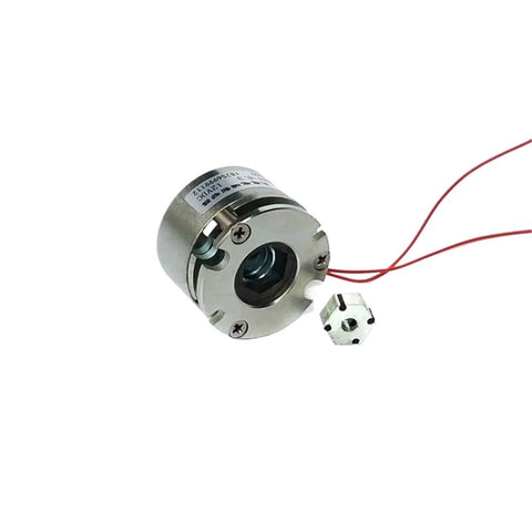 Micro galvanic electromagnetic brake with metal housing and red wiring, front view