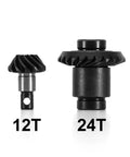 Beefed Up 12/24T Steel Alloy Axle Gear Set for 1/24 RC Crawler, showing front view with 12T and 24T helical gears.