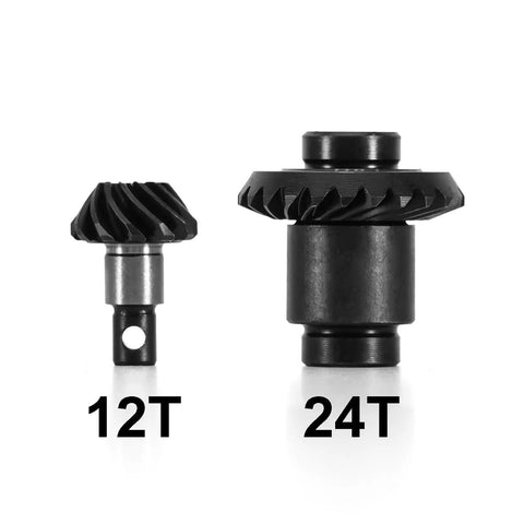 Beefed Up 12/24T Steel Alloy Axle Gear Set for 1/24 RC Crawler, showing front view with 12T and 24T helical gears.