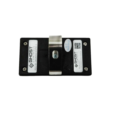 Back view of AXS1 3-Button Gate Opener Remote Transmitter For Automatic Gates, Authentic OEM with metal clip and Ghost labels