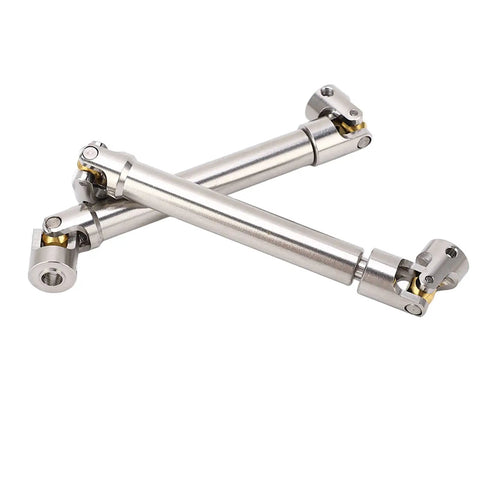 Two Pack Stainless Steel M4 RC Drive Shafts For One Tenth Scale Crawler Upgrades shown with brass ball joints, spline design, 113mm length