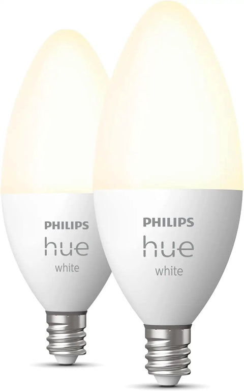 Smart Candle LED Bulb 40W Equivalent B39, 2 Pack, Soft Warm White 2700K, E12 Base, Indoor Lighting, shown with Hue app control