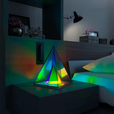 Pyramid Modern Table Lamp Led Desk Light With Colorful Transparent Glow 3D Acrylic Home Decor Large Warm Night Light For Home Office Hotel Dope Vibe Accent For Living Room on a bedside table casting colorful light