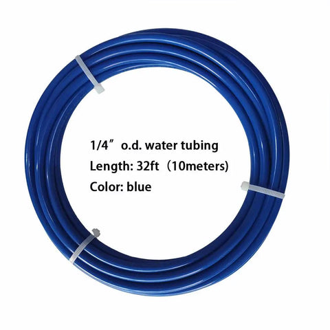 One Quarter Inch Outer Diameter RO Water Tubing Kit For Home Purifier Systems With 32.8 Feet Of Tubing And A 10 Piece Quick Connector Set Including Straight Elbow Tee Y And Shut Off Valve No Clips Required, coiled blue tubing bundle