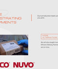 Person in gloves handling a Satco Nuvo box with delivery information on screen.