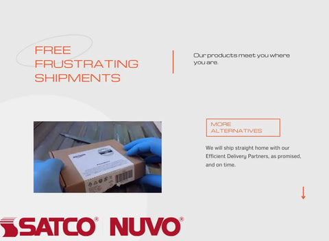 Person in gloves handling a Satco Nuvo box with delivery information on screen.