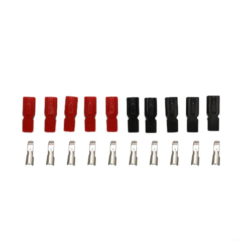 Five Pair Badass Tinned Copper Power Connectors 45A 600V Quick Disconnect in red and black with silver terminals laid out.