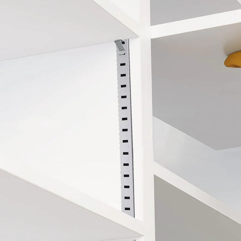 Close-up of Heavy Duty Metal Shelf Clips With Super Sturdy Adjustable Mounts secured to a white shelving unit.