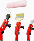 Multi Angle Paint Tool Clamp With 180 Degree Rotating Holder and Plastic Pole Adapter holding a roller, brush, and scraper