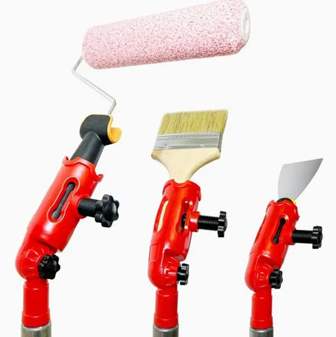 Multi Angle Paint Tool Clamp With 180 Degree Rotating Holder and Plastic Pole Adapter holding a roller, brush, and scraper