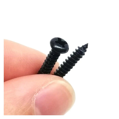 Heavy Duty Black Steel Micro Phillips Wood Screws Round Pan Head Self Tapping Hardware Kit in hand with pointed and pan head screws.