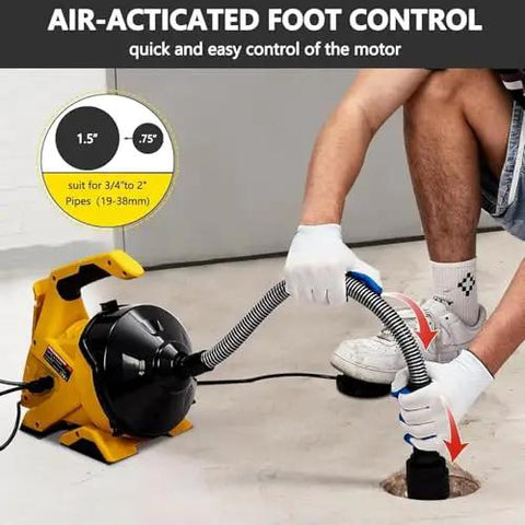 Air-actuated foot control feature on Professional Grade 30 Ft Electric Drain Auger, showing user handling the machine.