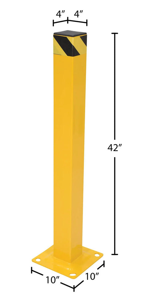 Prime Grade Built Like A Tank Steel Square Safety Bollard With Impact Resistant Cap 42 Inch Bright Yellow Industrial Garage Guard Post.