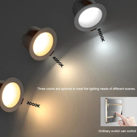XYIANG Lighting 5W/7W/10W Led Recessed Downlight Retrofit Kit, Off-White Matte Finish, showcasing 3000K, 4000K, and 6000K color temperatures.