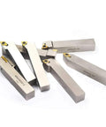Front view of 7-piece 3/4-inch shank lathe tool holder set, nickel-plated with tin-coated carbide inserts.