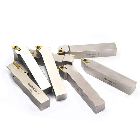 Front view of 7-piece 3/4-inch shank lathe tool holder set, nickel-plated with tin-coated carbide inserts.