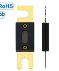 Front and side view of 100 Amp ANL Fuse Holder Kit With Fuse And Gold Plated Terminals For Car Audio And Amplifiers 12V And 24V DC Systems