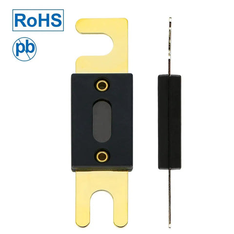 Front view of Beefy 250A ANL Fuse Bulk Pack With Gold Plated Terminals For Car Audio Amplifiers Trucks Boats RVs And Inverters