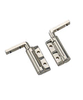 Pair of zinc alloy L-shaped damping hinges with screw holes, silver metal finish