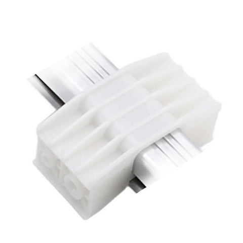 White linear actuator slide block with push rod for a stable and quiet electric slider rail replacement part with durable plastic construction.