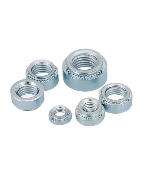 Zinc Plated Carbon Steel Self Clinching Rivet Nutserts M2 To M10 30 Piece Set For Sheet Metal Jobs showing six sizes of nutserts.
