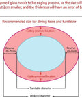 Diagram showing size recommendations for Slick Tempered Glass Lazy Susan Turntable for Kitchen or Dining Table.