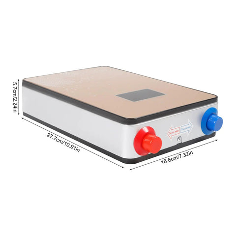 Electric Tankless Water Heater 110V 4500W, compact design with red and blue knobs for hot and cold water control.