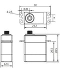 Dimensions and technical drawing of Real Deal Tiny Serial Bus Servo Motor With 300 Degree Spin, 20 Gram Coreless Micro Servo.