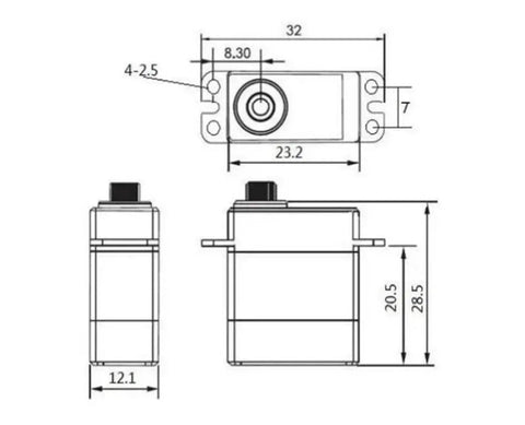 Dimensions and technical drawing of Real Deal Tiny Serial Bus Servo Motor With 300 Degree Spin, 20 Gram Coreless Micro Servo.