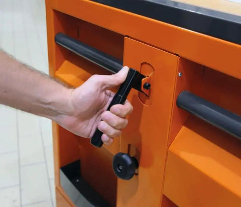 Heavy Duty Rolling Tool Chest With Hydraulic Lift And Ball Bearing Drawers Heavy Hitter Workshop Cart lever for height adjustment.
