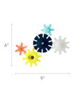 Cogs Spinning Gear Bath Toys Set For Bathtub Navy And Yellow 5 Count Suction Toys arranged in a circle showing size