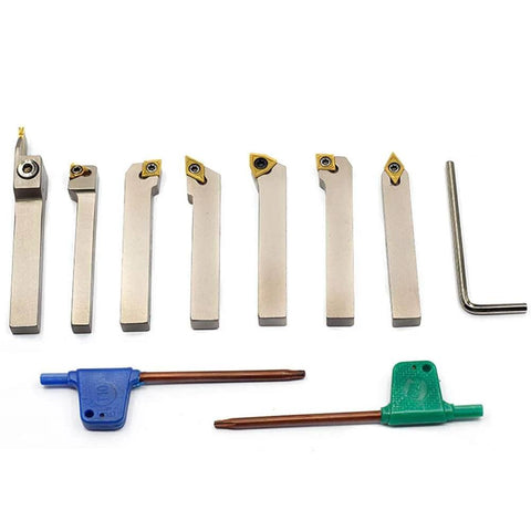 Heavy Duty Lathe Tool Holder Set With One Quarter Inch Shanks Seven Piece Nickel Plated CNC Tools visible with accessories.
