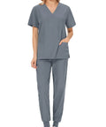 Women Scrub Set For Nurses And Spa Pros, Top And Jogger Pants Workwear, Machine Washable And Easy Care, Gray Uniform For Beauty Salons