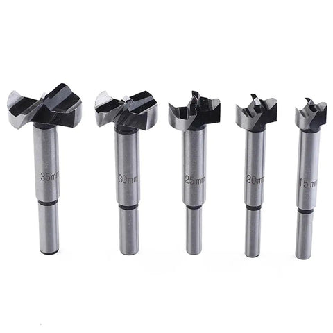Boss Level High Carbon Steel Forstner Drill Bit Set 5 Piece 15Mm 20Mm 25Mm 30Mm 35Mm long round shank precision woodworking cutters.